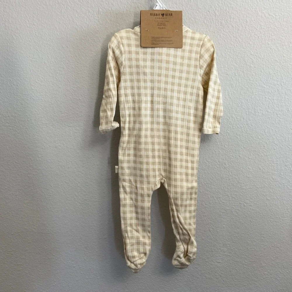 Rabbit + Bear Kids 6-9M Beige Gingham Organic Cotton Sleeper‎ & Lovey NEW